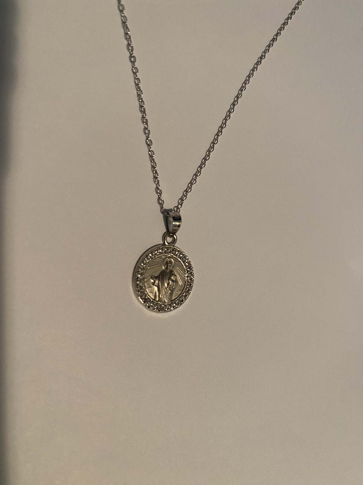 14K White Gold Lab-Grown White Sapphires St. Jude Medal Necklace
