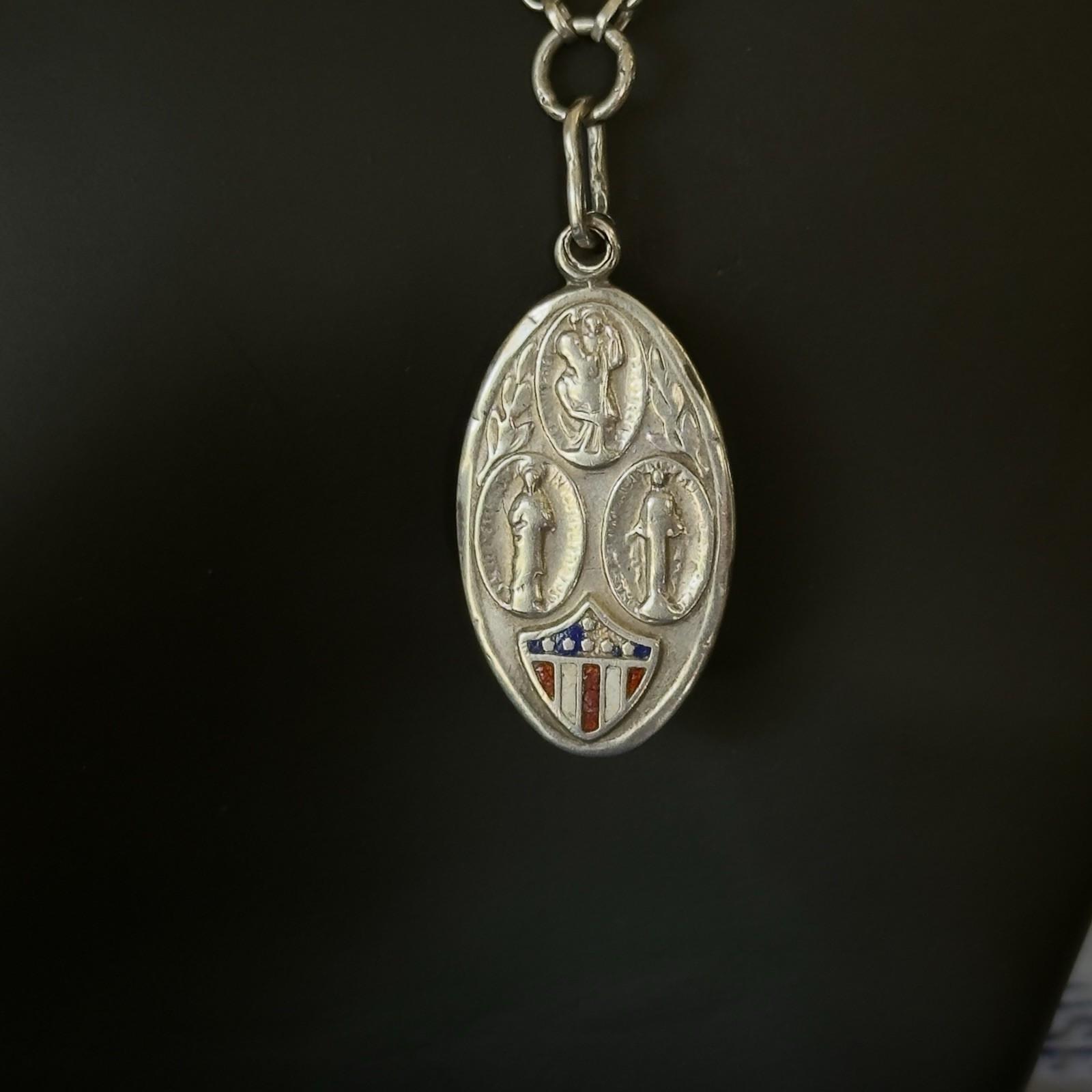 VINTAGE 1940’S ENAMEL – STERLING SLIDING ST. CHRISTOPHER – ST. JUDE MEDAL-CHAIN
