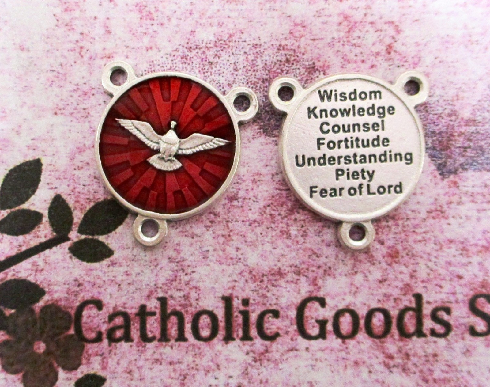 Holy Spirit + 7 Gifts of the Holy Spirit – Silver tone + Red Enamel Centerpiece
