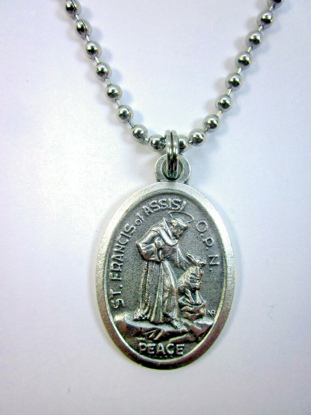 Oversized St Francis w Wolf/Peace Prayer Medal Pendant Necklace 24″ Ball Chain