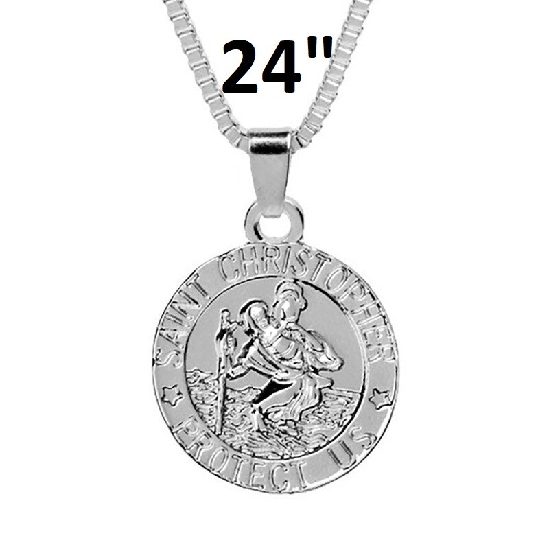Womens 925 Sterling Silver 24″ Chain Necklace With St. Christopher Pendant D813