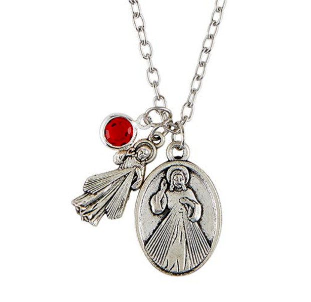 Divine Mercy Jesus Devotional Medal with Red Charm Pendant Necklace Catholic