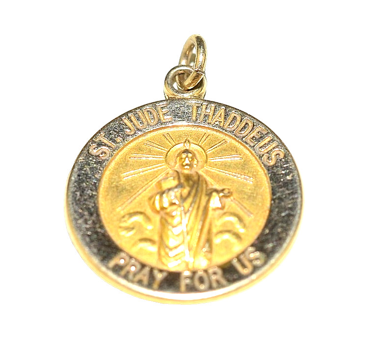 VINTAGE 14K YELLOW GOLD SMALL ROUND DISK CHARM OR PENDANT ST JUDE THADDEUS MEDAL