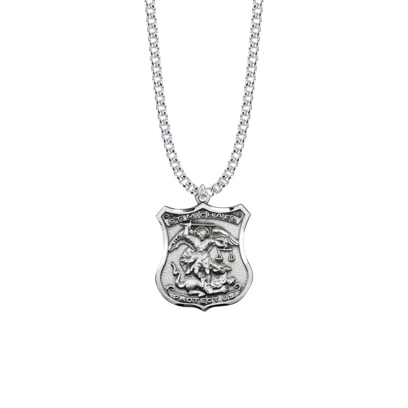 Men’s Antiqued Sterling Silver Saint Michael The Archangel Shield Medal Necklace