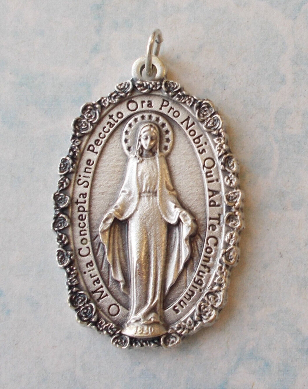 Catholic Silver Tone XL Miraculous Medal Rose Border Latin 1 3/4″ Italy