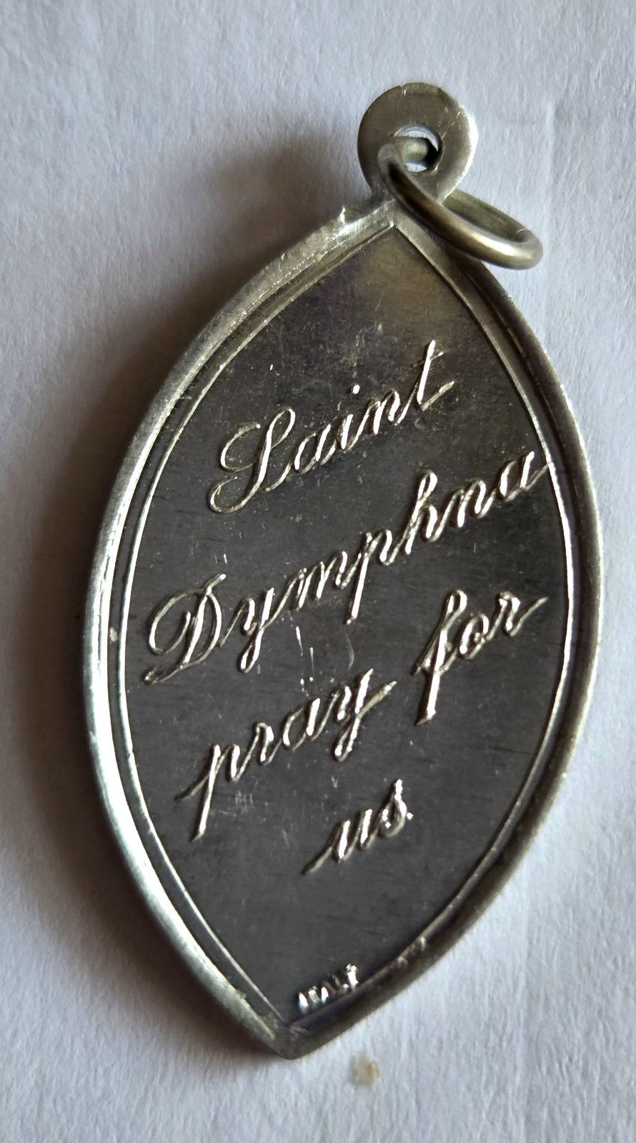 Vintage St Dymphna Pray for Us Medal Italy SilverTone Pointed Oval Catholic 1.25