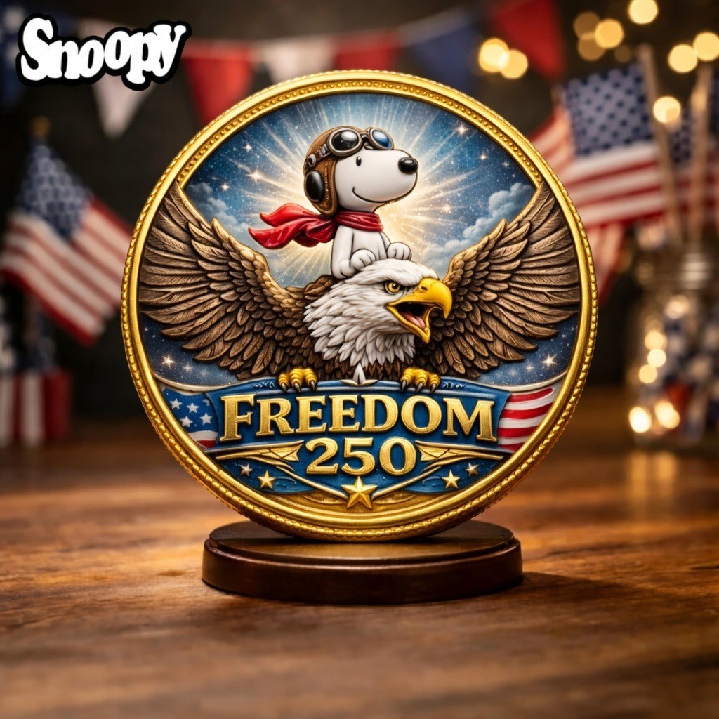 Snoopy Freedom 250th Anniversary Gold Coin America 1776-2026 Eagle USA Medal Gif