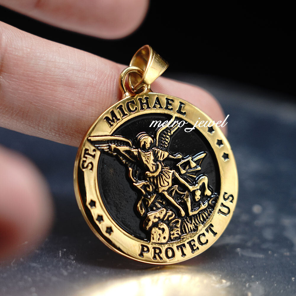 JXC Gold Catholic Saint St Michael Archangel Medal Medallion Pendant Necklace