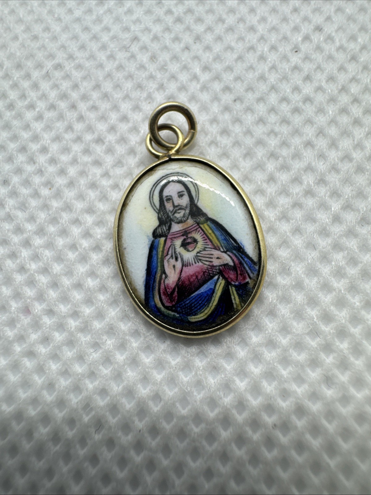 Vintage Sacred Heart of Jesus Sagrado Corazon Medal 14k Gold Pendant Enamel