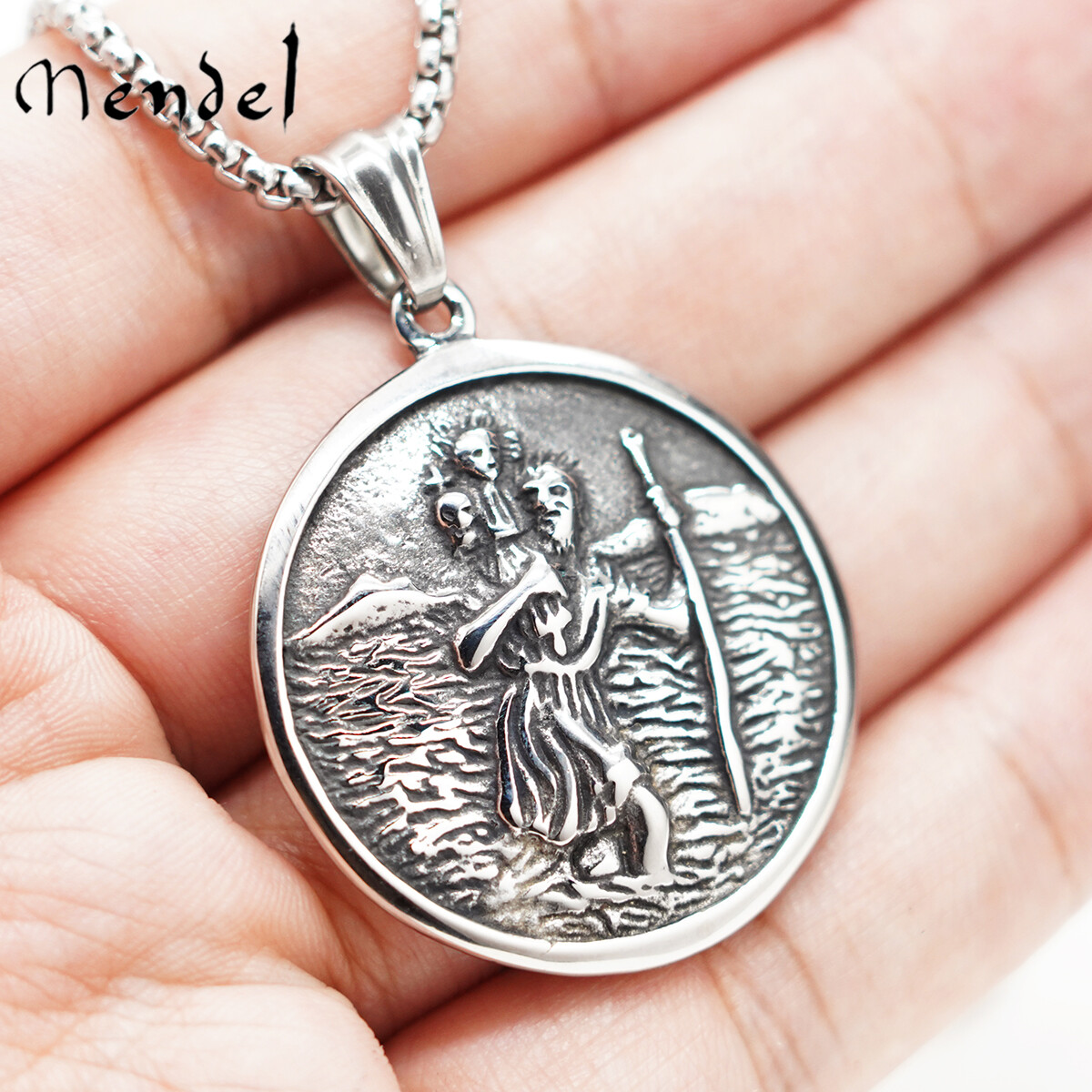 MENDEL Mens St Saint Christopher Medal Pendant Necklace Stainless Steel Amulet