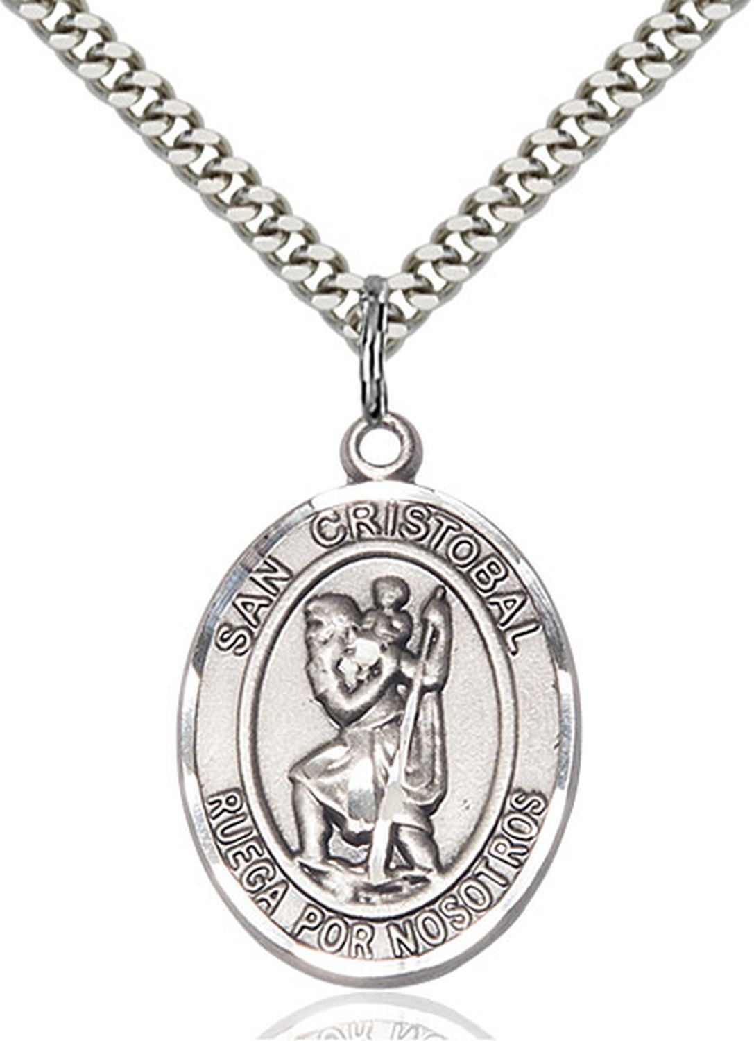 Pewter San Cristobal Religious Medal Pendant Necklace 24″ Chain GiftBox