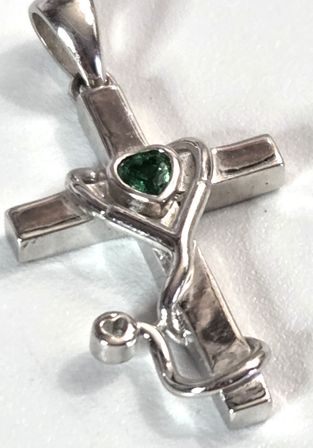 Sterling Silver 925 CROSS Pendant Nurse/Doctor STETHOSCOPE w/Green Stone