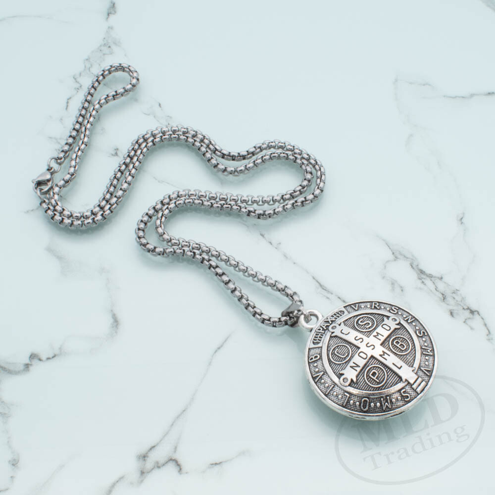 3D Saint St Benedict Medal Thick Pendant Necklace w 24″ Box Chain Silver Tone