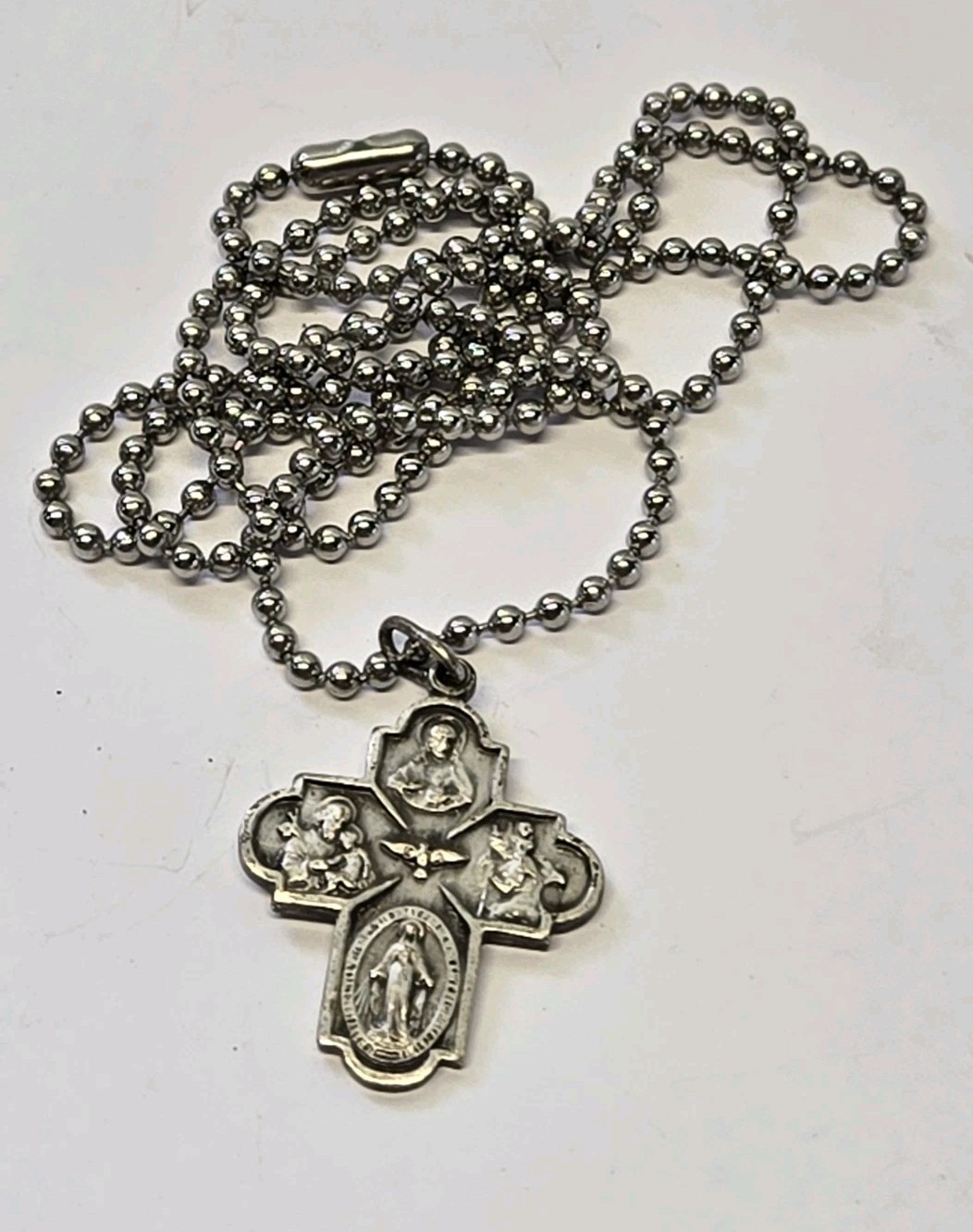 Vintage French 4 Way Silver Plated Catholic Medal on 24″ Bead Ball Chain