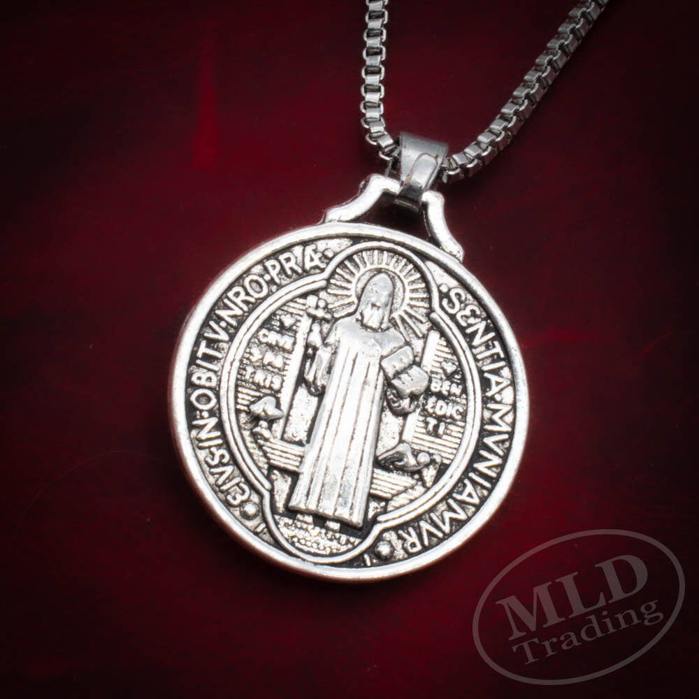 Jesus Crucifix Saint St Benedict Medal Cross Pendant Necklace 24″ Box Chain