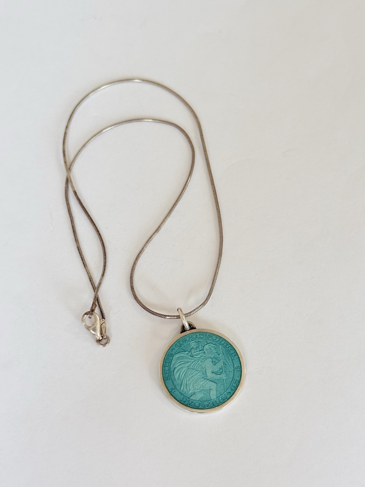 Charles Thomae St Christopher Sterling Silver Blue Enamel Medal Pendant Necklace