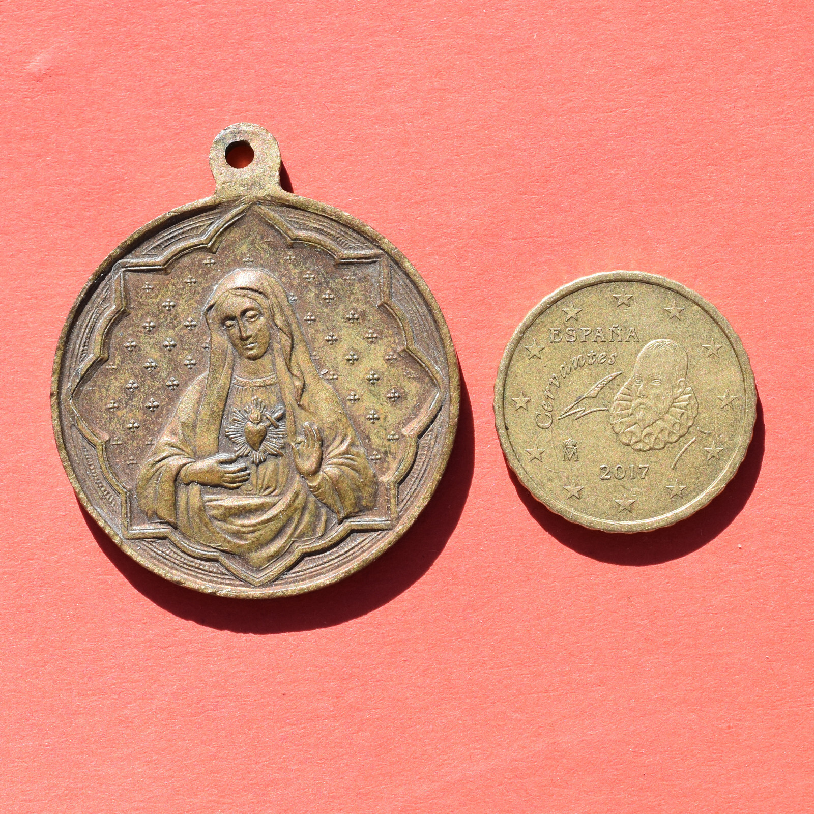 AWESOME SACRED HEARTS RELIGIOUS MEDAL ANTIQUE FRENCH CATHOLIC CHARM