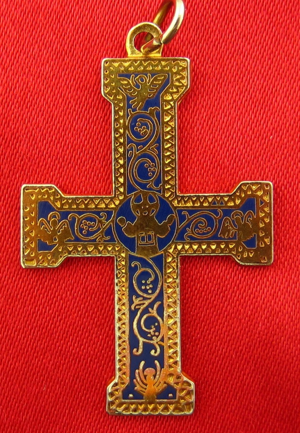 2 BLUE ENAMEL CROSSES Medals Goldtone Religious Catholic Pendants JESUS ORTHODOX