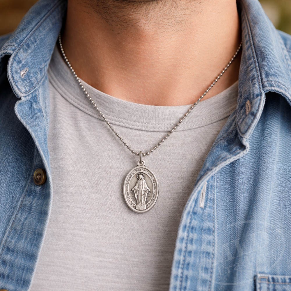 Miraculous Medal Virgin Mary Pendant Necklace 24″ Chain Italy Silver Tone Alloy