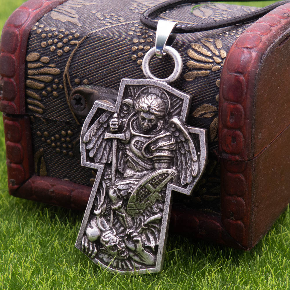 Archangel Patron Saint St Michael Textured 3D Cross Shield Pendant Necklace