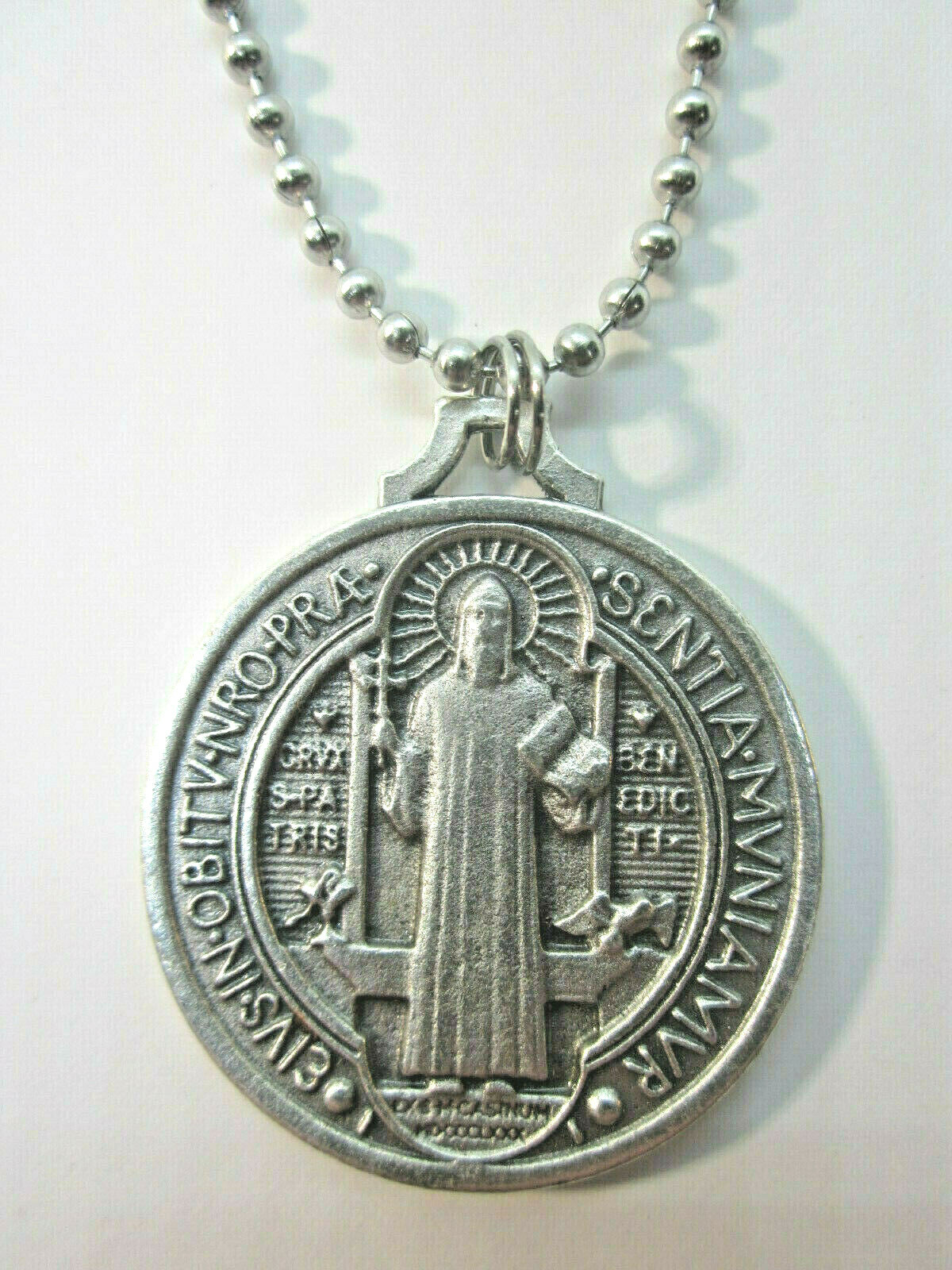 XL St Benedict Jubilee Medal 1 1/2″ Italy Pendant Necklace 24″ Ball Chain