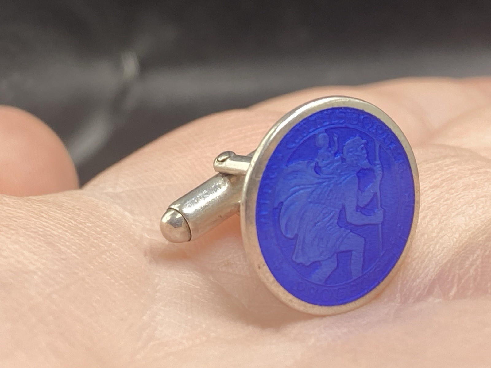 VINTAGE STERLING SILVER BLUE GUILLOCHE ENAMEL SAINT CHRISTOPHER MEDAL Cufflinks