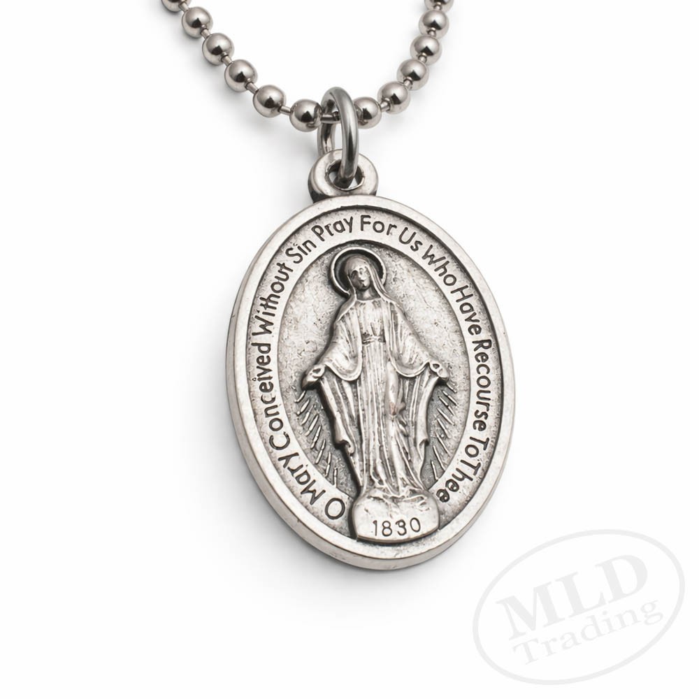 Miraculous Medal Virgin Mary Pendant Necklace 24″ Chain Italy Silver Tone Alloy