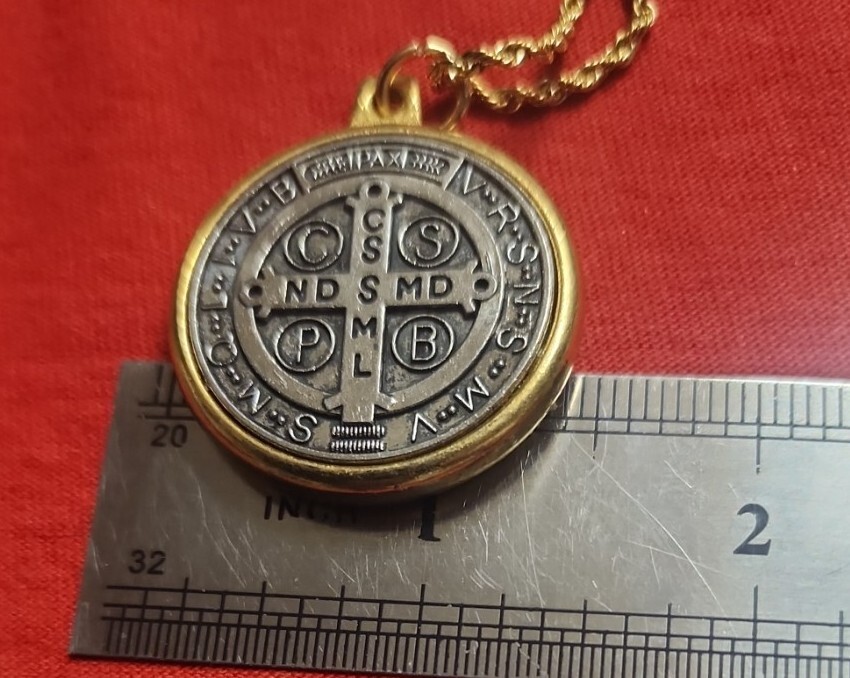 Saint St Benedict Medal Silver And Gold Pendant Necklace w 24″ Gold Plated Chain