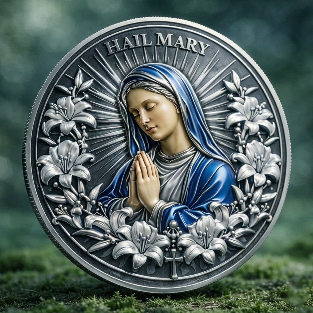 Virgin Mary Hail Mary Commemorative Coin – Blessed Mother Religious Silver Token