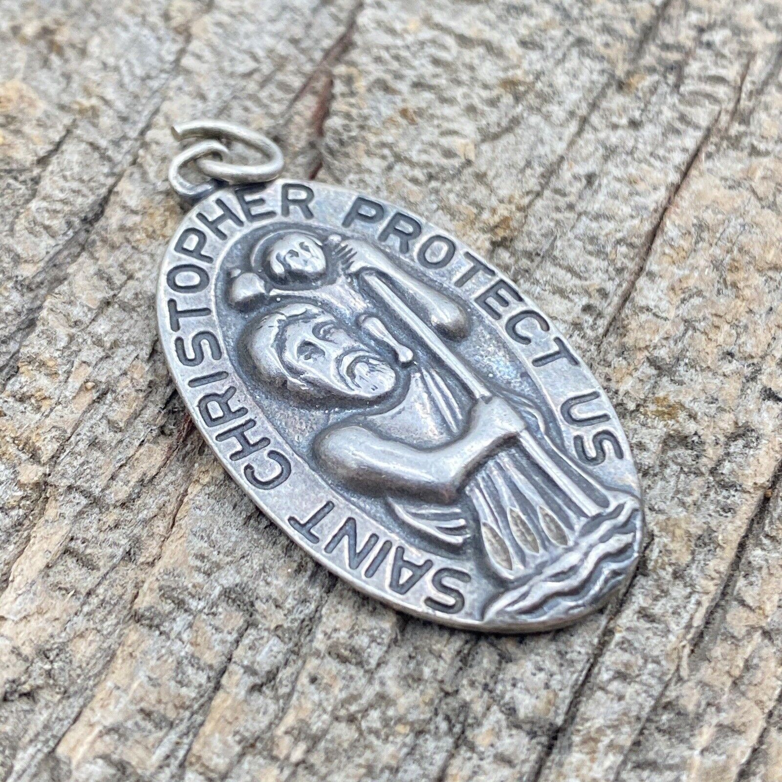 925 Sterling Silver Oval Saint Christopher Protect Us Pendant 6 grams Saint