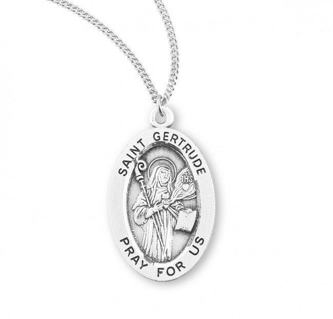 St. Gertrude Sterling Silver Oval 0.9″ Medal, Gift Box, 18″ Chain, US Made