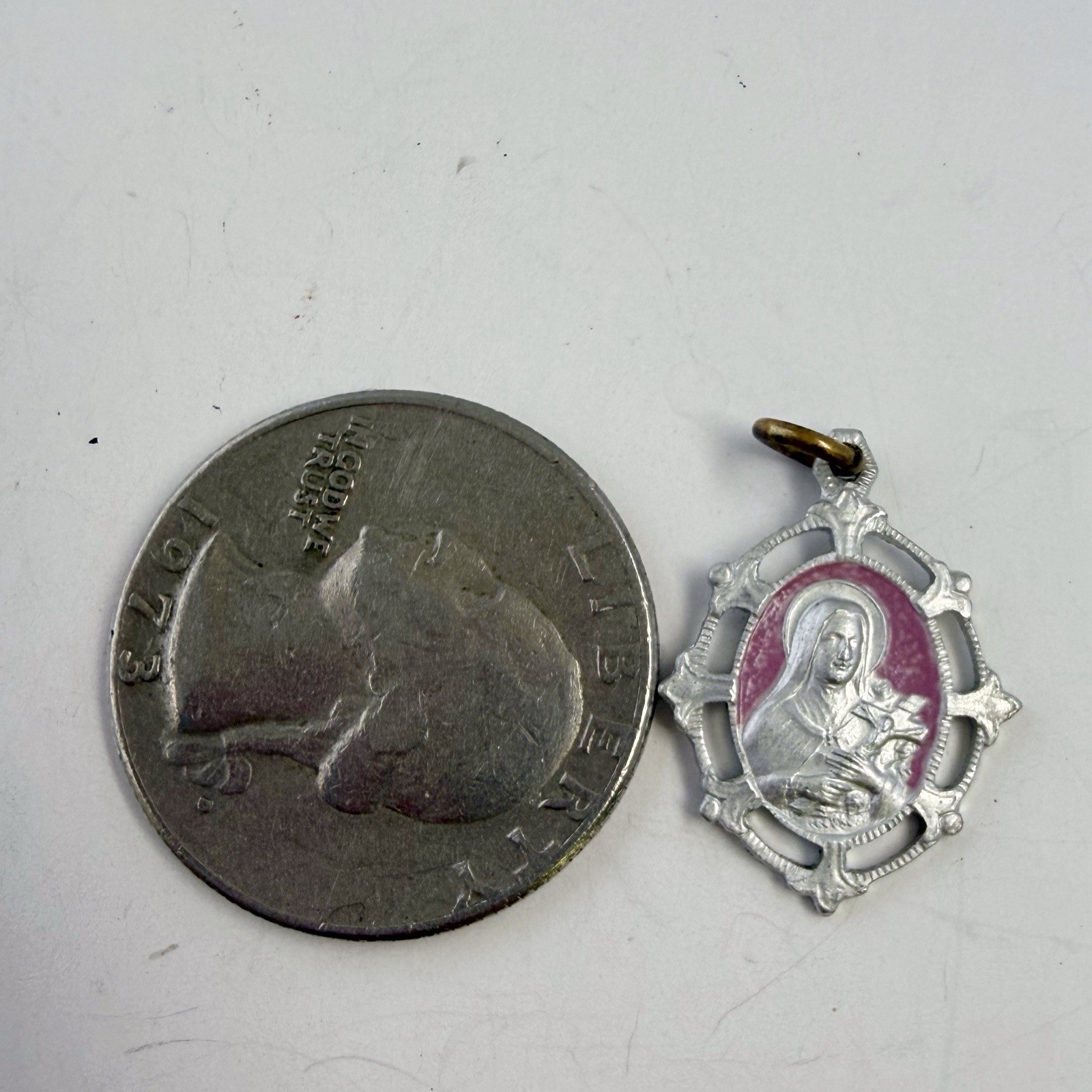Vintage Saint Therese of Lisieux Pink Enamel Silvertone Medal Charm Pendant