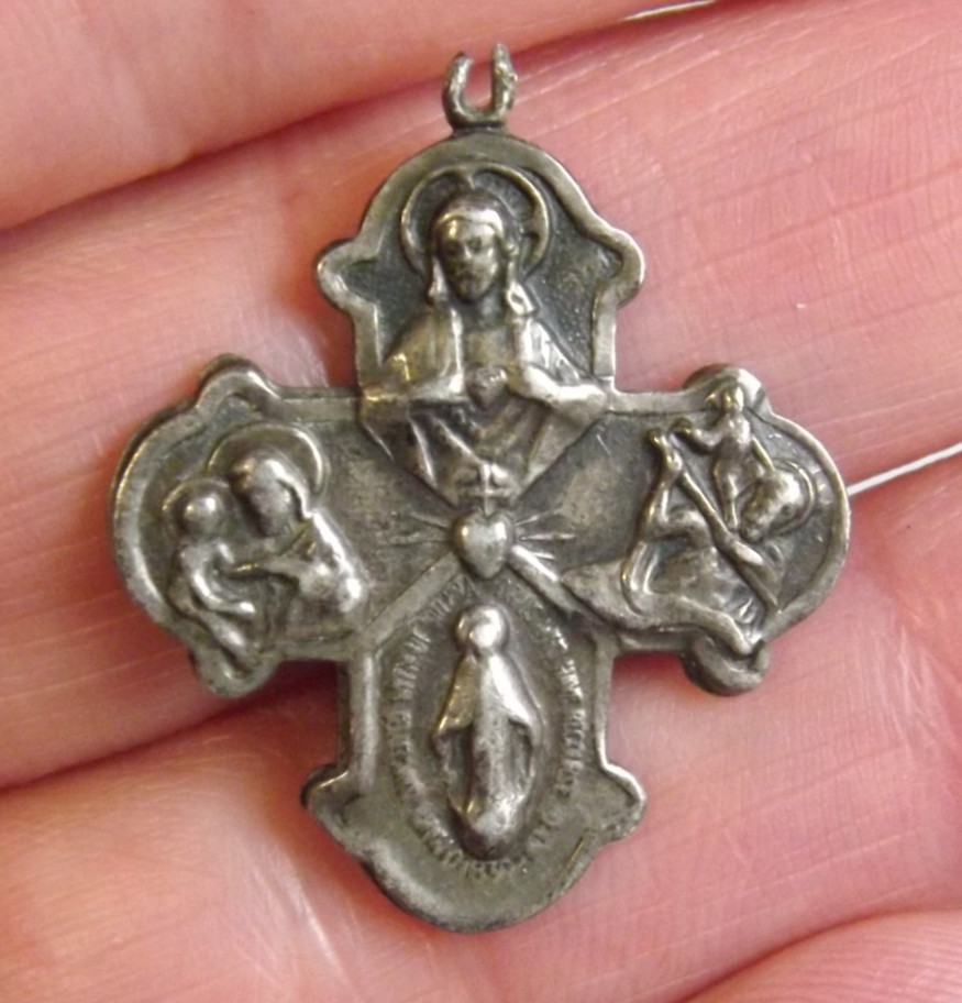 Broken bail sterling scapular cross medal Saint Christopher Joseph Jesus Mary