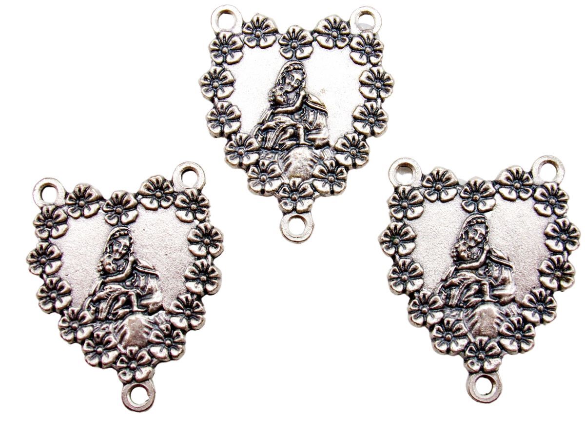 Silver Tone Lot of 3 Madonna and Child Floral Medal Rosary Center 1.25 In