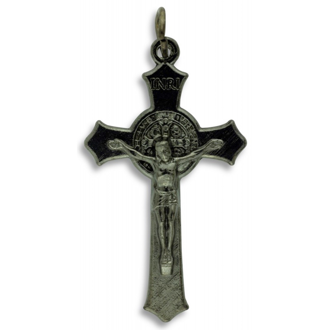 Gun Metal St Benedict Italian Crucifix Pendant w 30″ Gunmetal Beaded Ball Chain