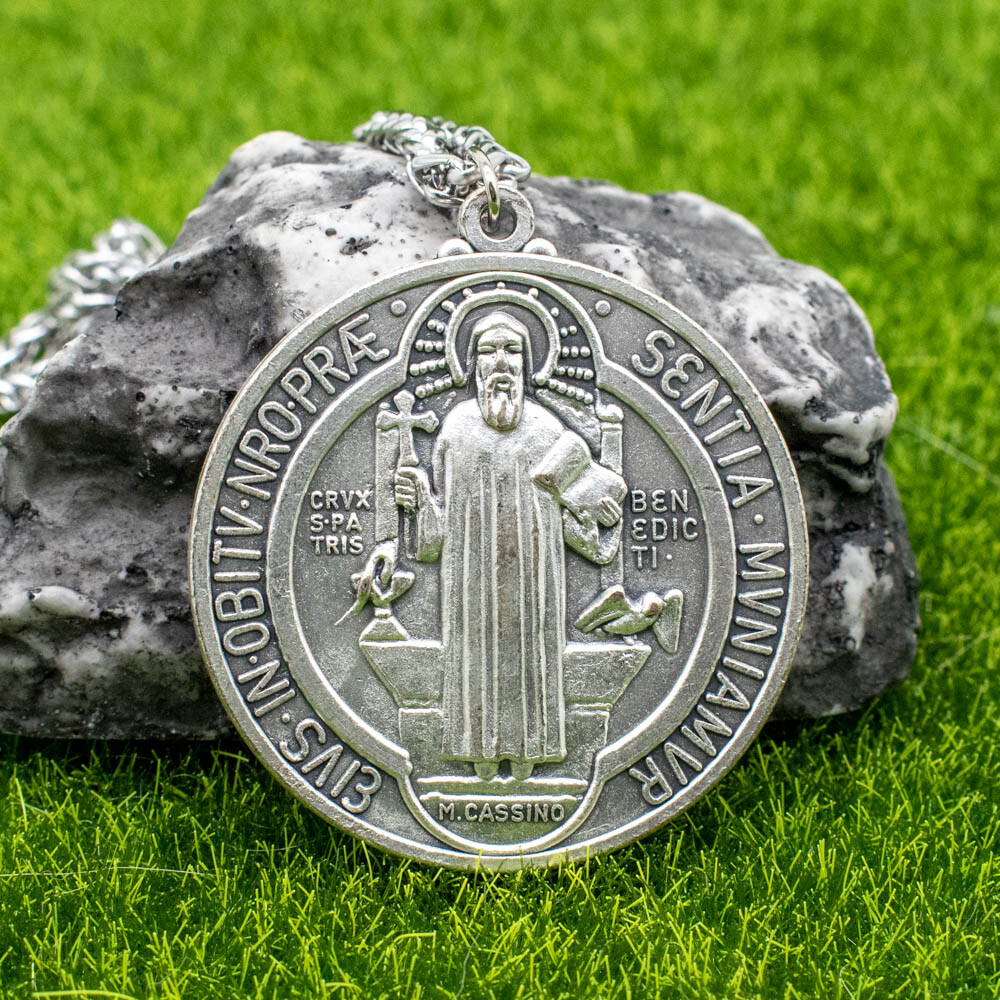 Extra Large 2″ Saint St Benedict Medal Italy Pendant Necklace w 24″ Spiga Chain