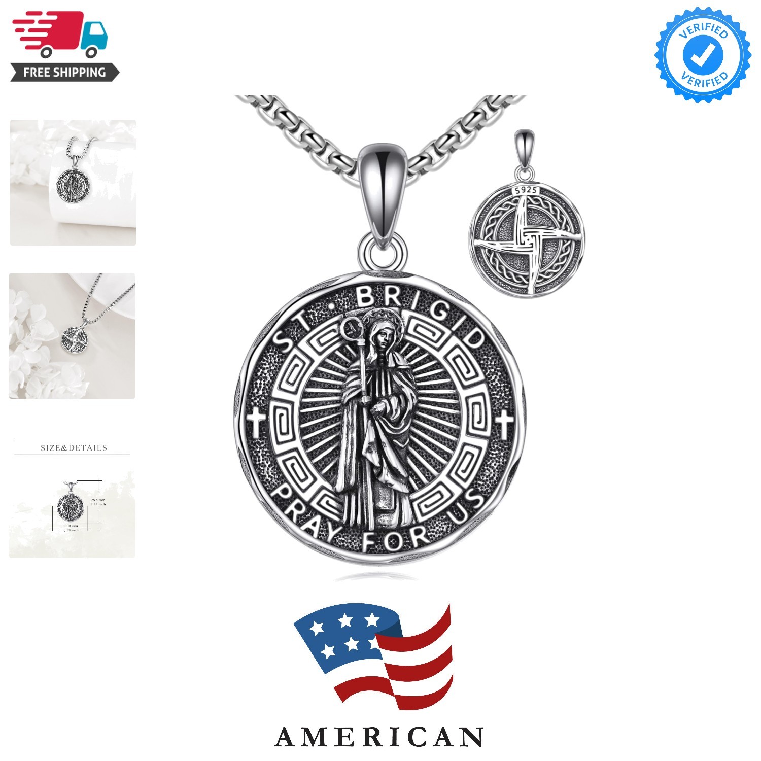 Patron Saint Necklace Sterling Silver Amulet Medal Pendant Religious Protecto…