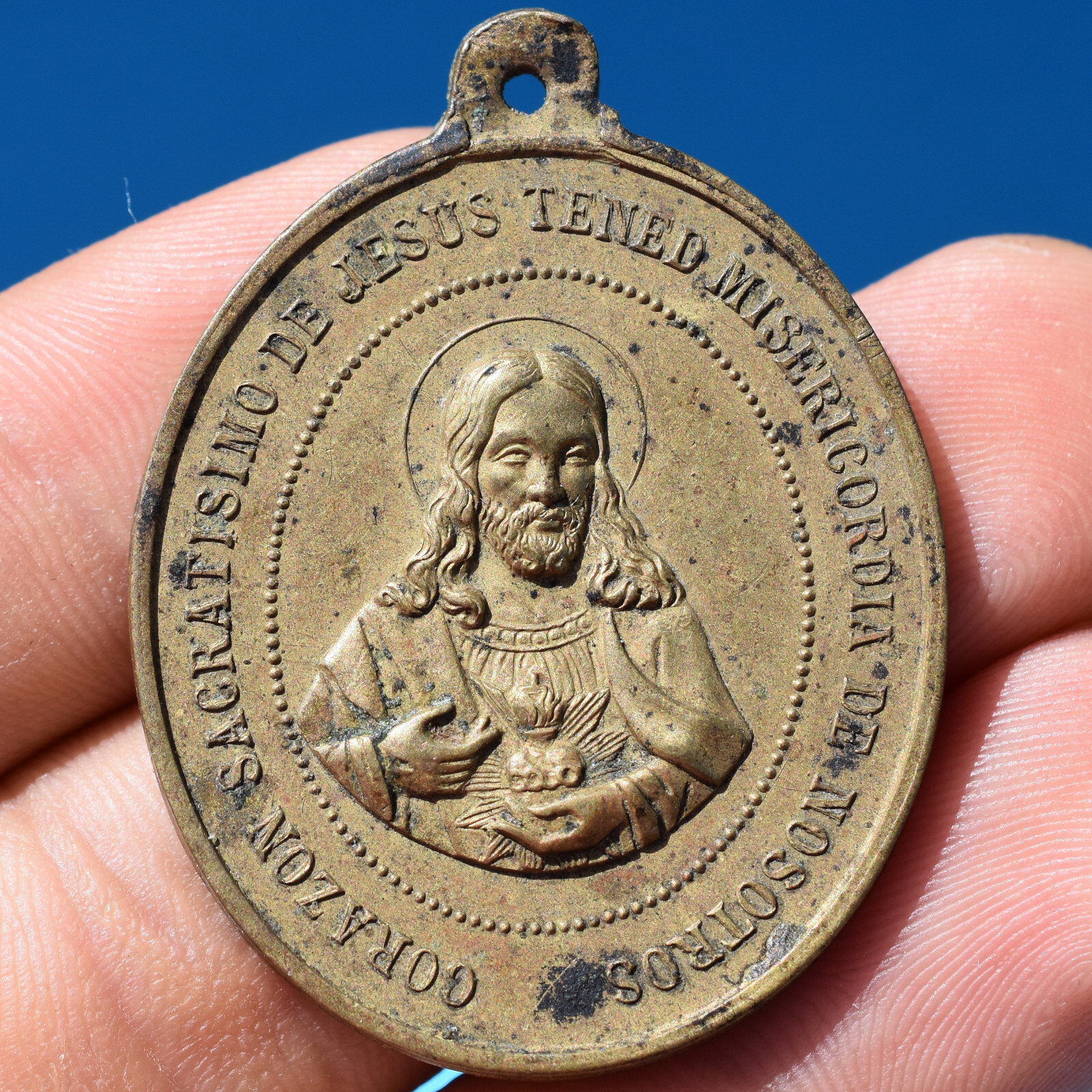 LARGE SACRED HEARTS OF JESUS & MARY RELIGIOUS MEDAL OLD 19T C CATHOLIC MEDALLION