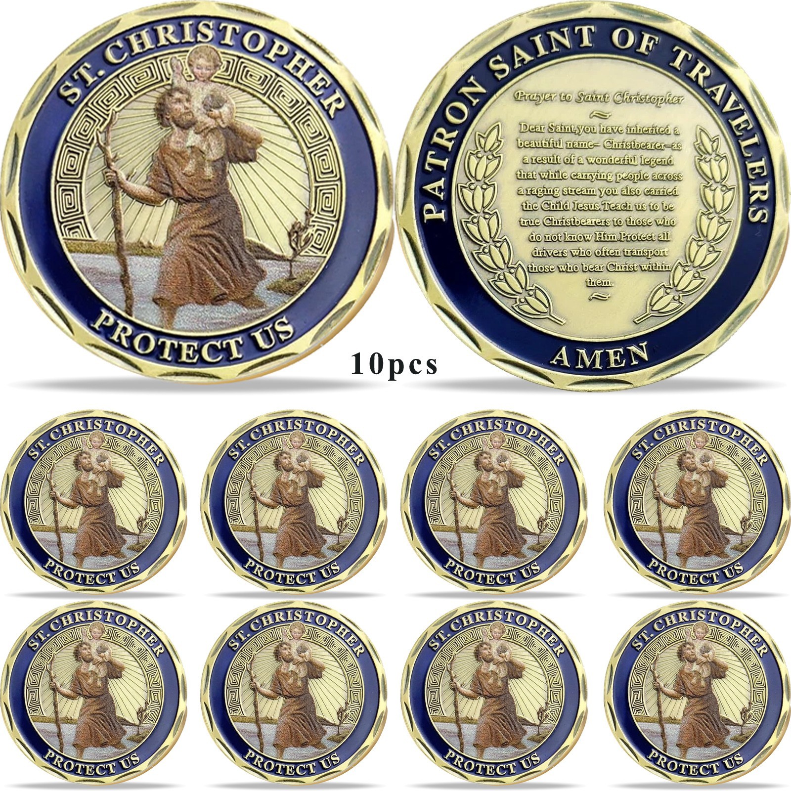 New Lot Of 10 St Christopher Protect Us Challenge Coin Set Religious Collectible