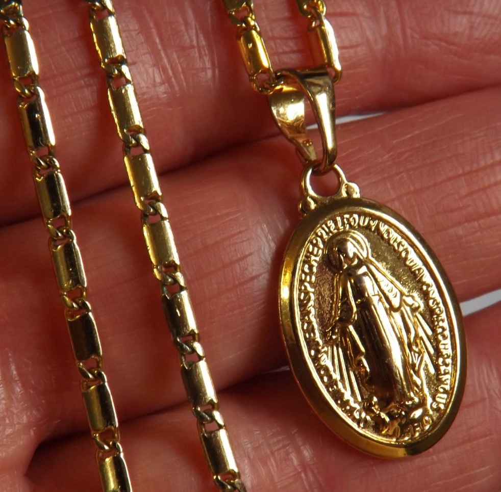 Gold tone Miraculous Virgin Mary charm pendant medal 18k plated chain necklace