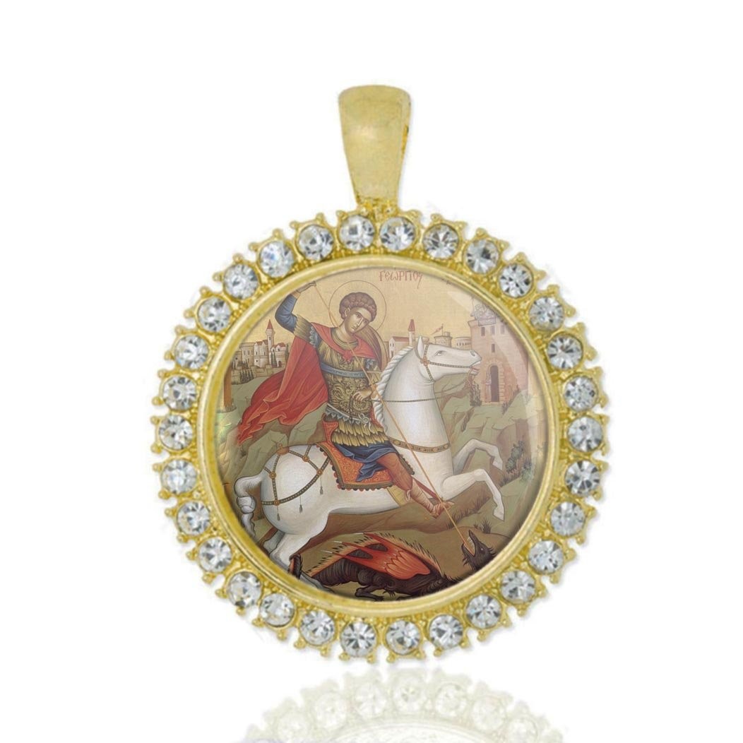 St George Christian Round Medal Gold Tone Pendant with Rhinestones