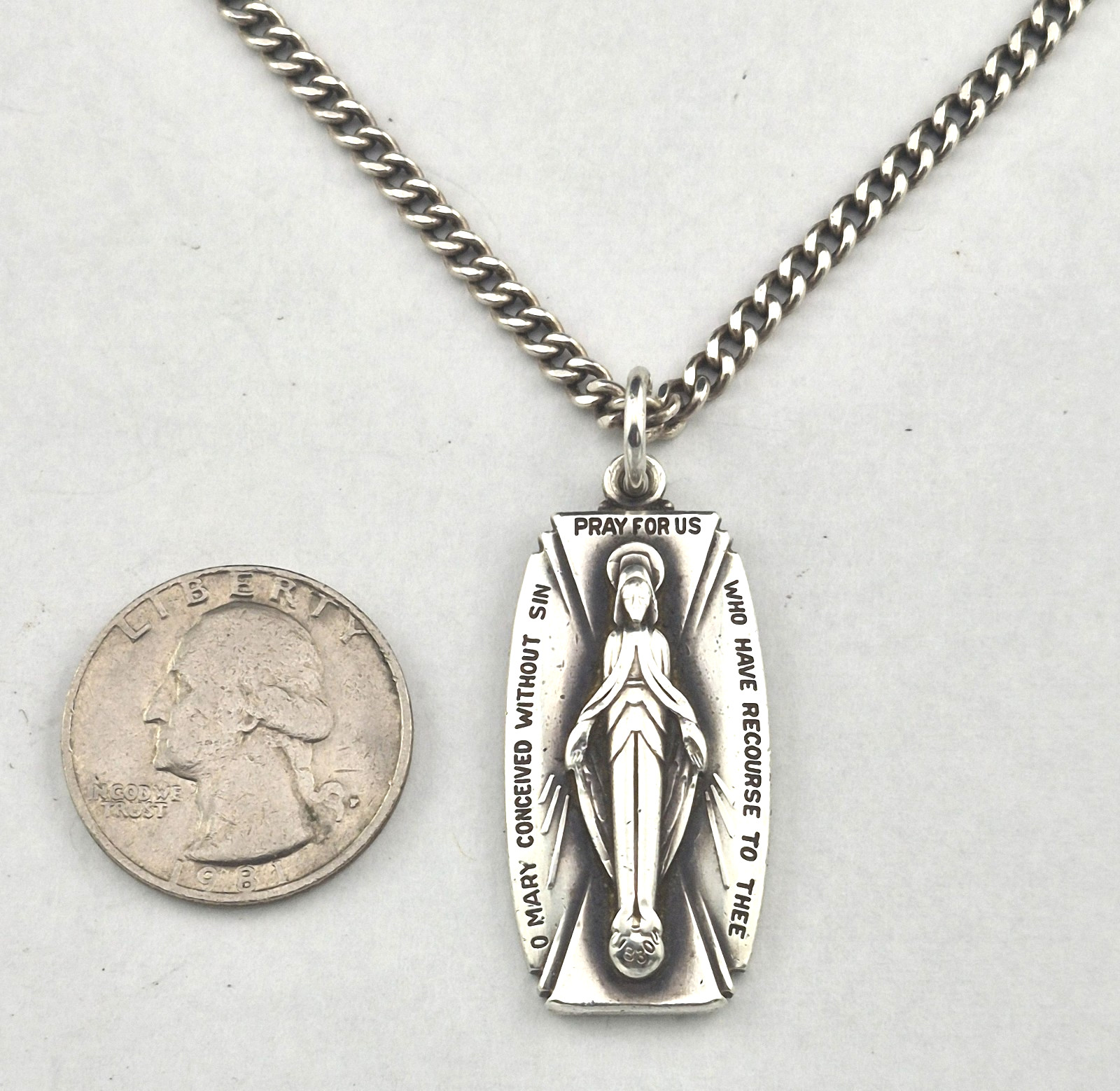 Vintage Holy Mary Creed Sterling Silver Charm Medal Pendant 25″ Chain Necklace