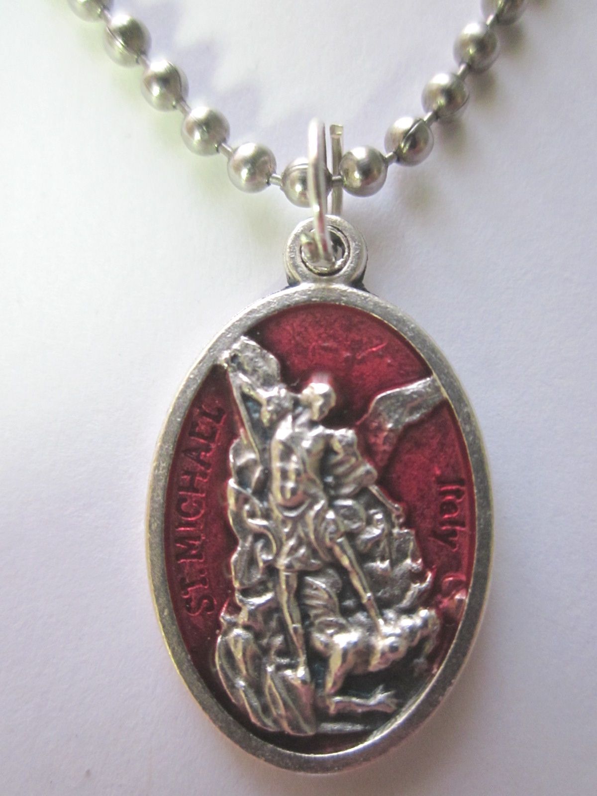 St Michael Archangel /Guardian Angel Medal w/ Red Enamel Necklace 24″ Ball Chain