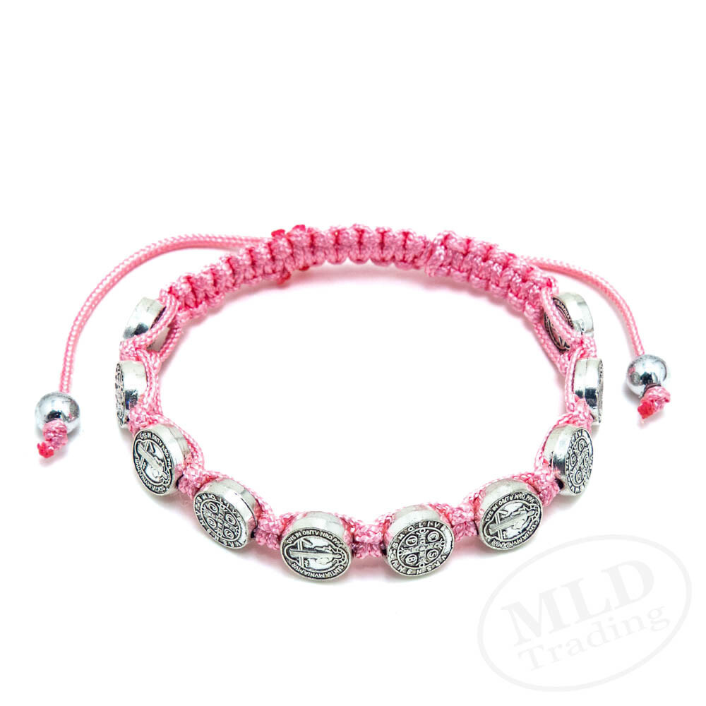 Pink Macrame Saint St Benedict Medal Cord Bracelet – Adjustable, 10 Medals