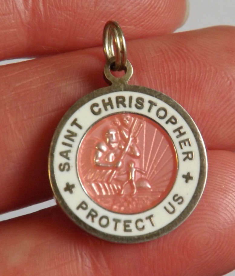 Pink white enamel Saint Christopher protect us surfer round charm pendant medal