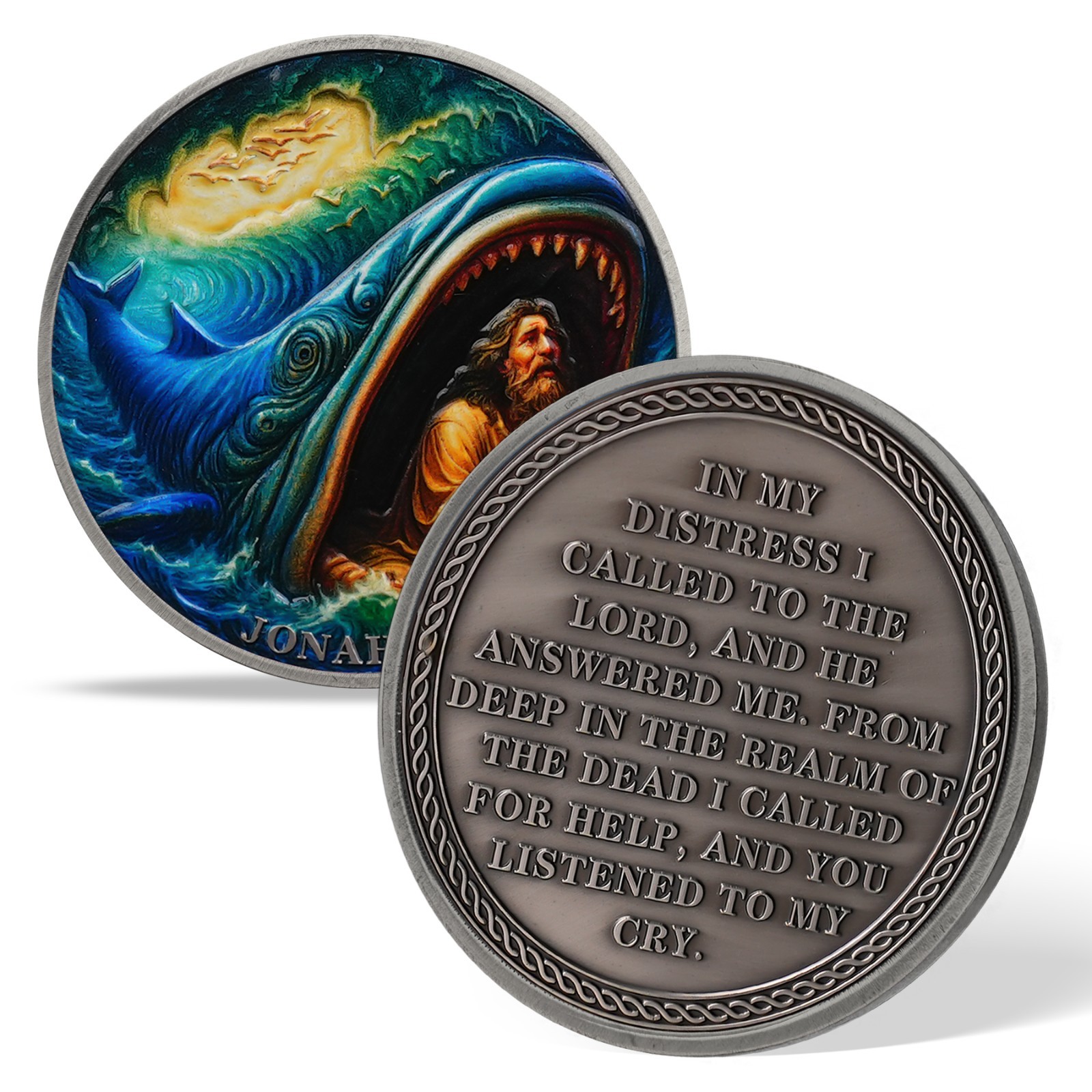 5pcs Jonah & Whale Challenge Coin Jonah 2:2 Verse Christian Religious Faith Gift