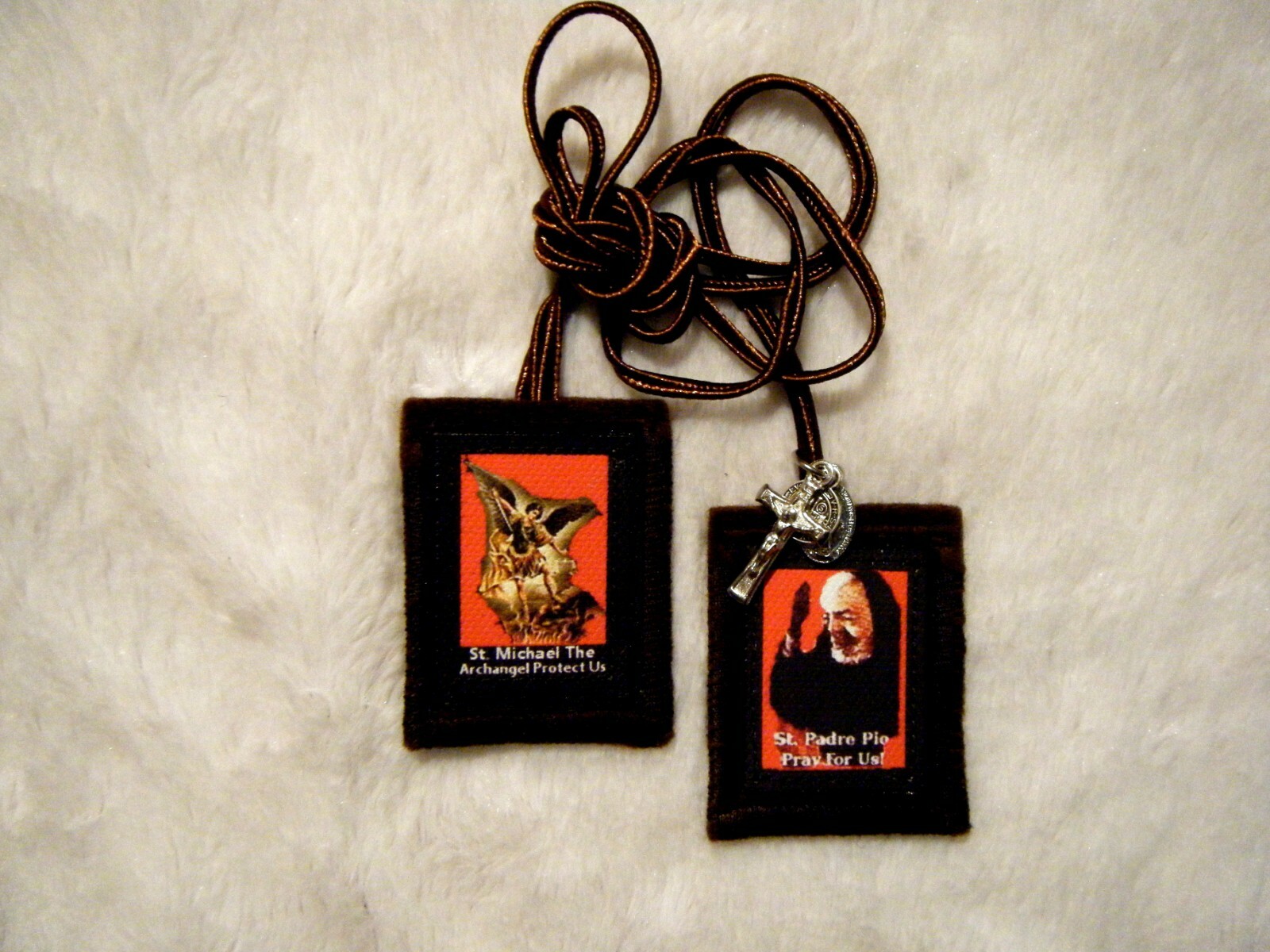 Padre Pio St. Michael The Archangel Brown Scapular 100%Wool Handmade in USA