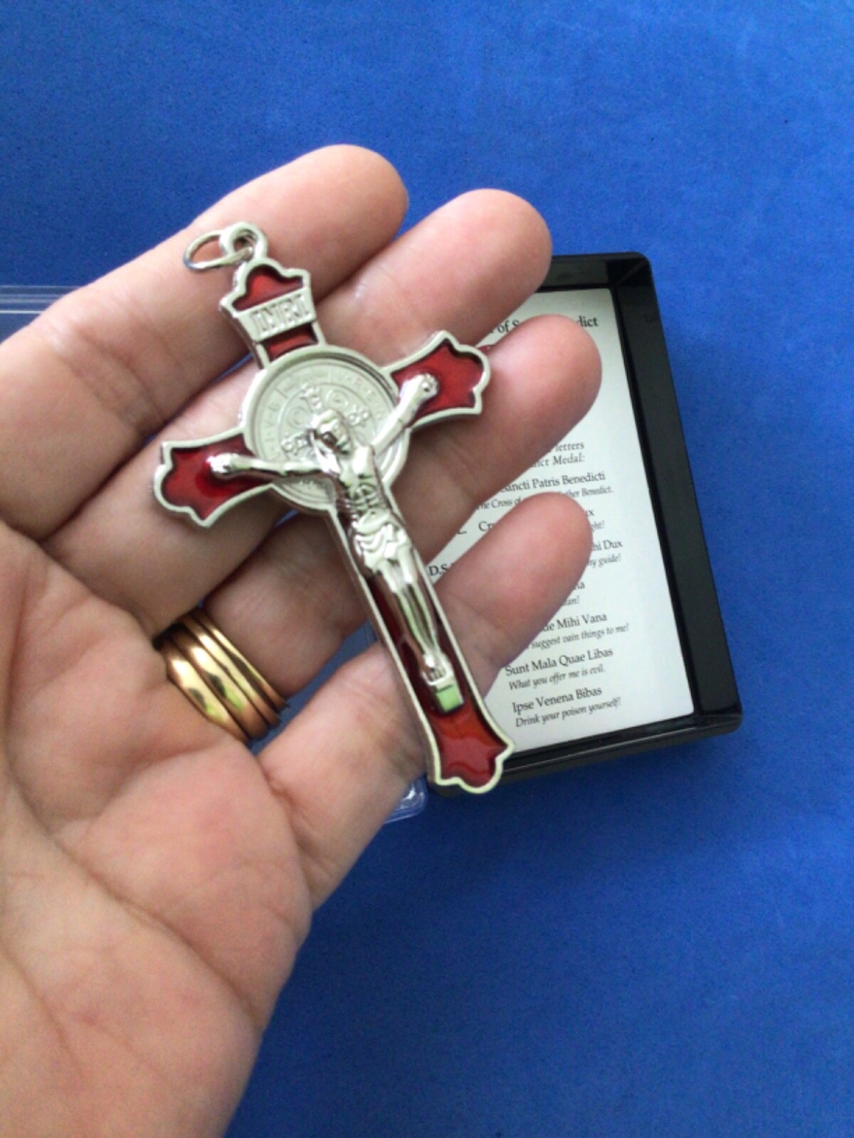 St BENEDICT Crucifix Cross Red Enamel 3” Silver Tone Metal Saint Gift Box
