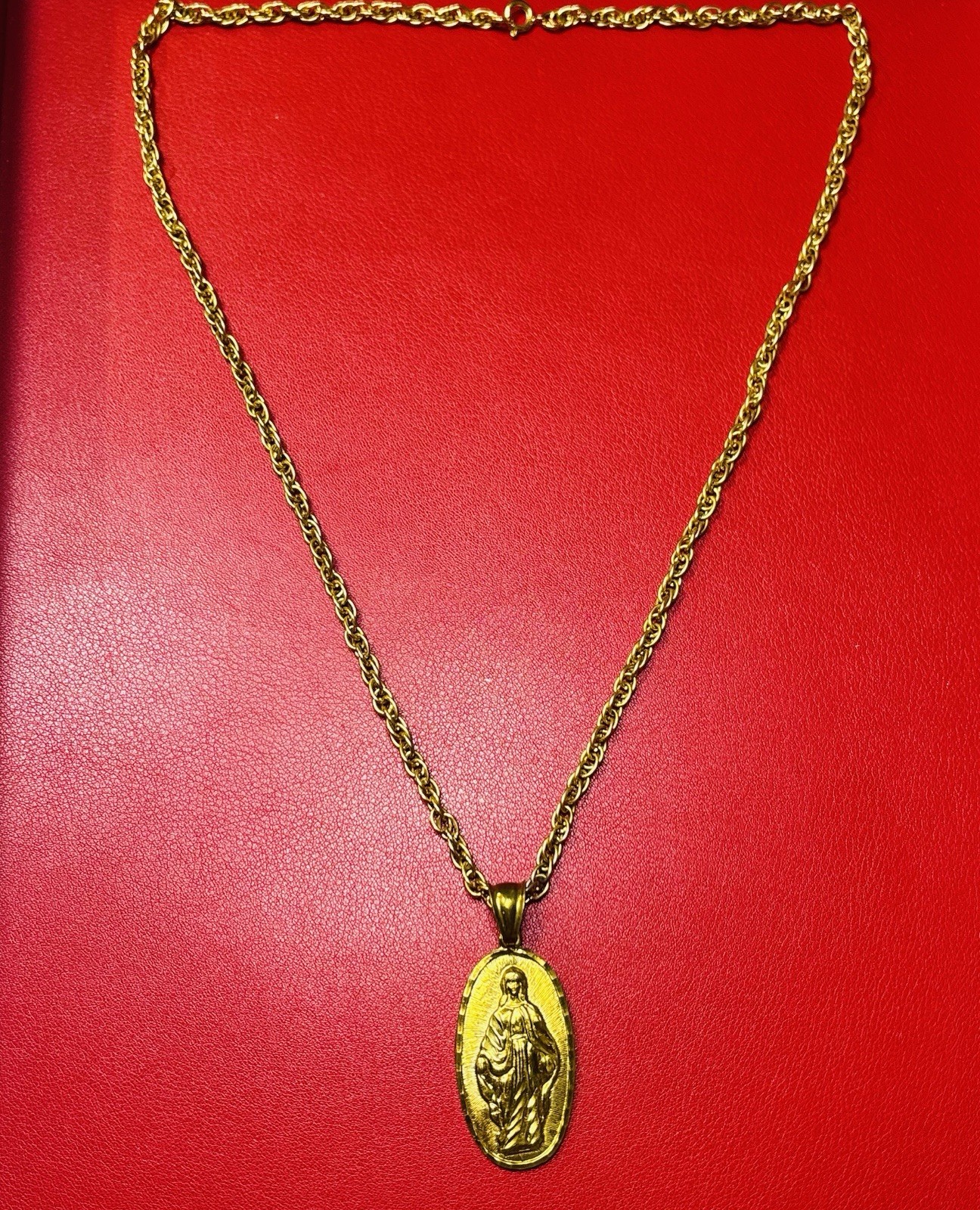 LARGE MIRACULOUS MEDAL VIRGIN MARY 18k YELLOW GOLD PLATED PENDANT NECKLACE 24”