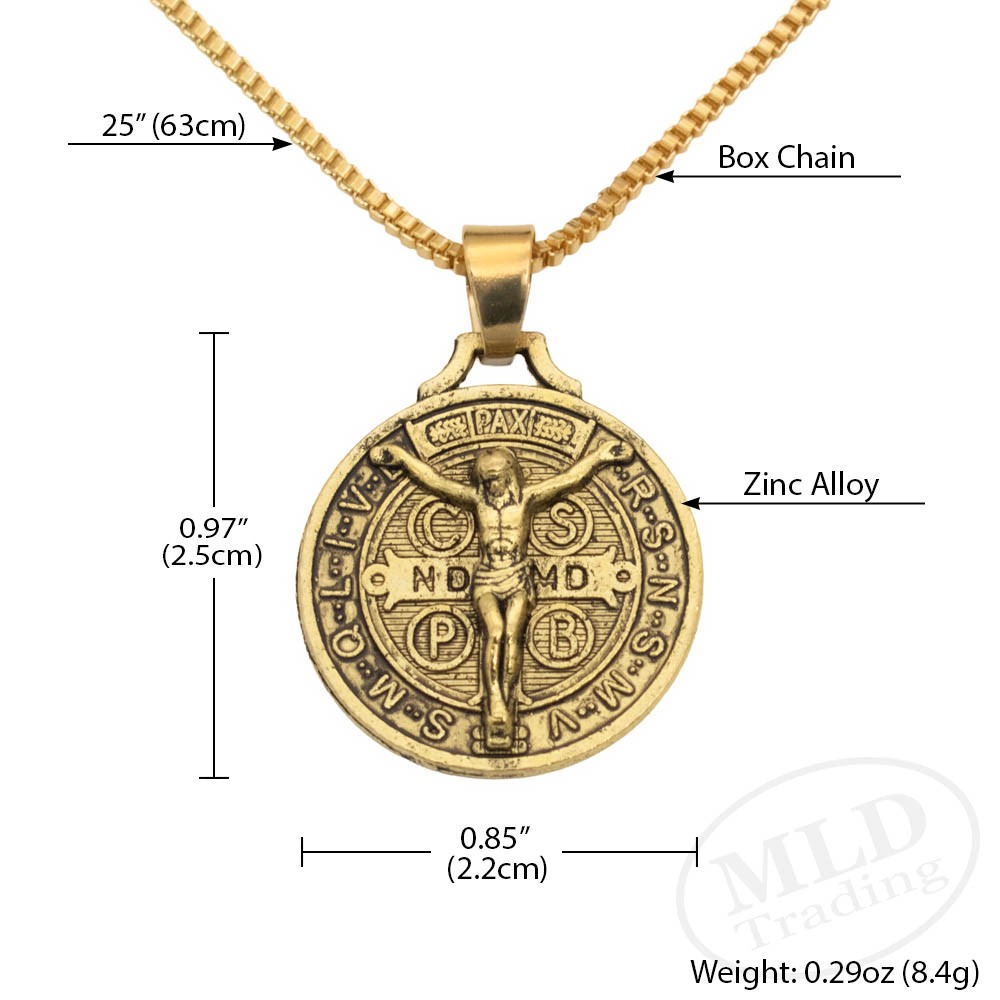 Gold Jesus Crucifix Saint St Benedict Medal Cross Pendant Necklace 24″ Box Chain